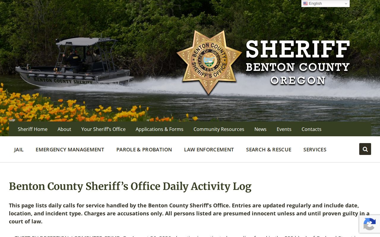 Benton County Sheriff daily activity log for arrest-news context