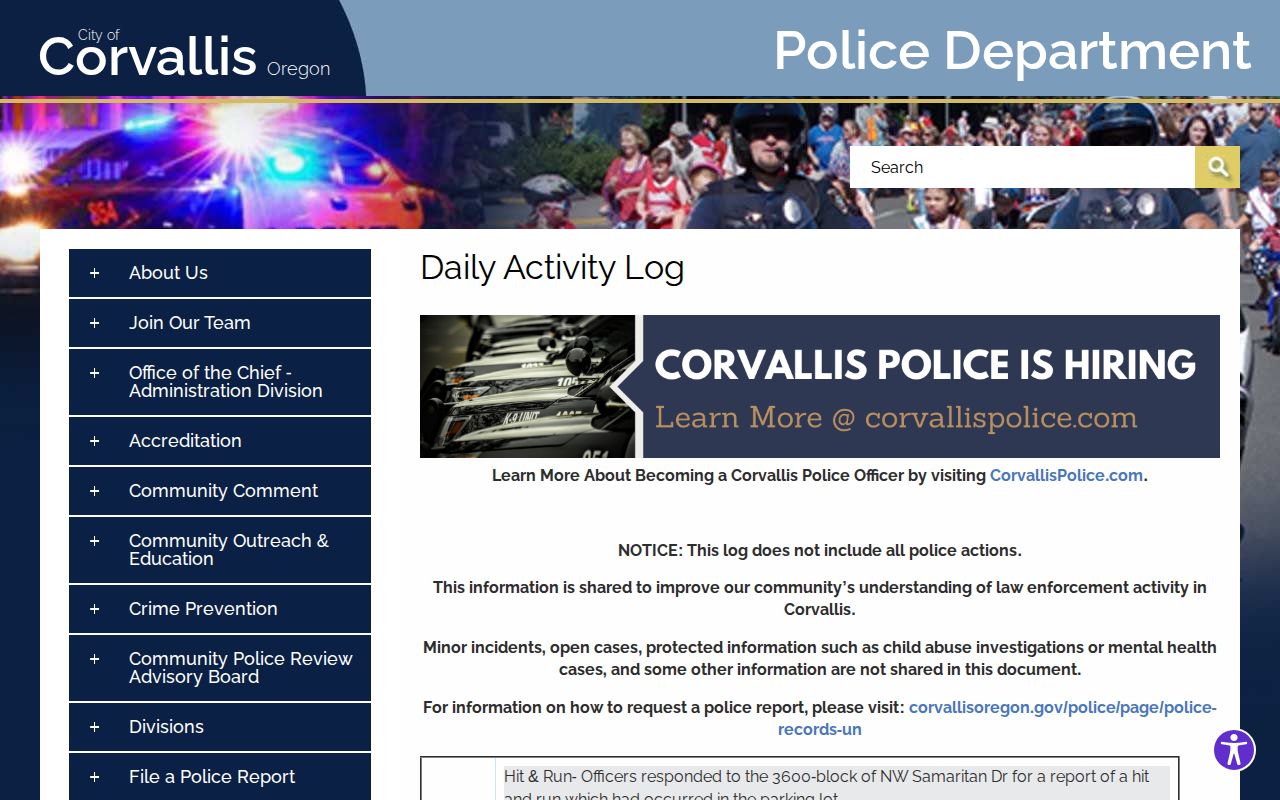 Corvallis Police Department Daily Activity Log page