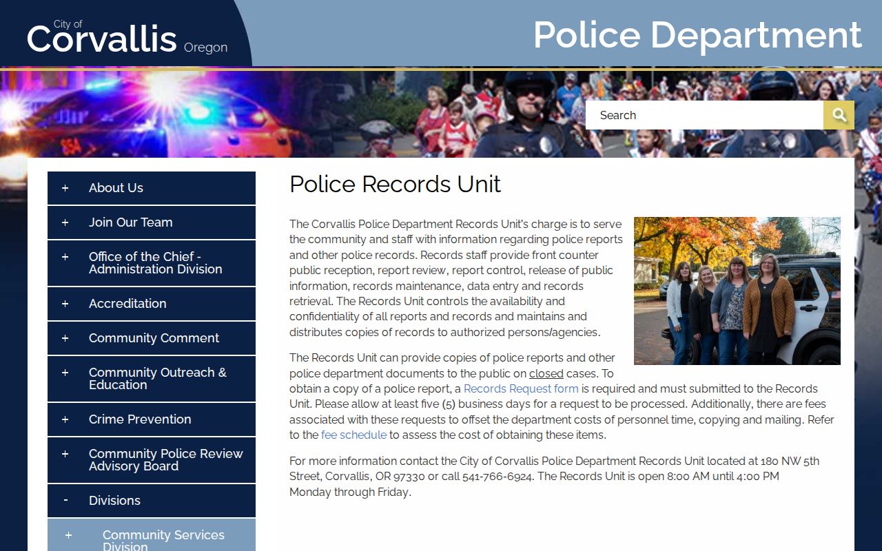 Corvallis Police Department Records Unit information page