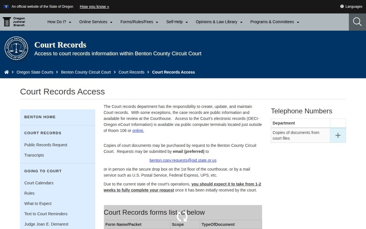 Benton County court records access page for booking case disposition